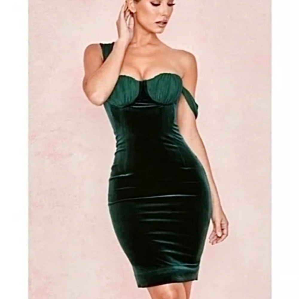 House of CB Eleanor Bustier Dark Green Velvet Mini Dress Size XS Holiday Party